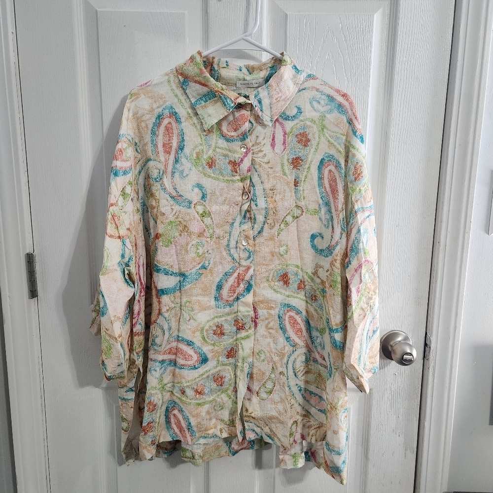 NWT Itallian 100% Linen beachy island button up shirt coastal paisley artsy OS - Picture 2 of 12